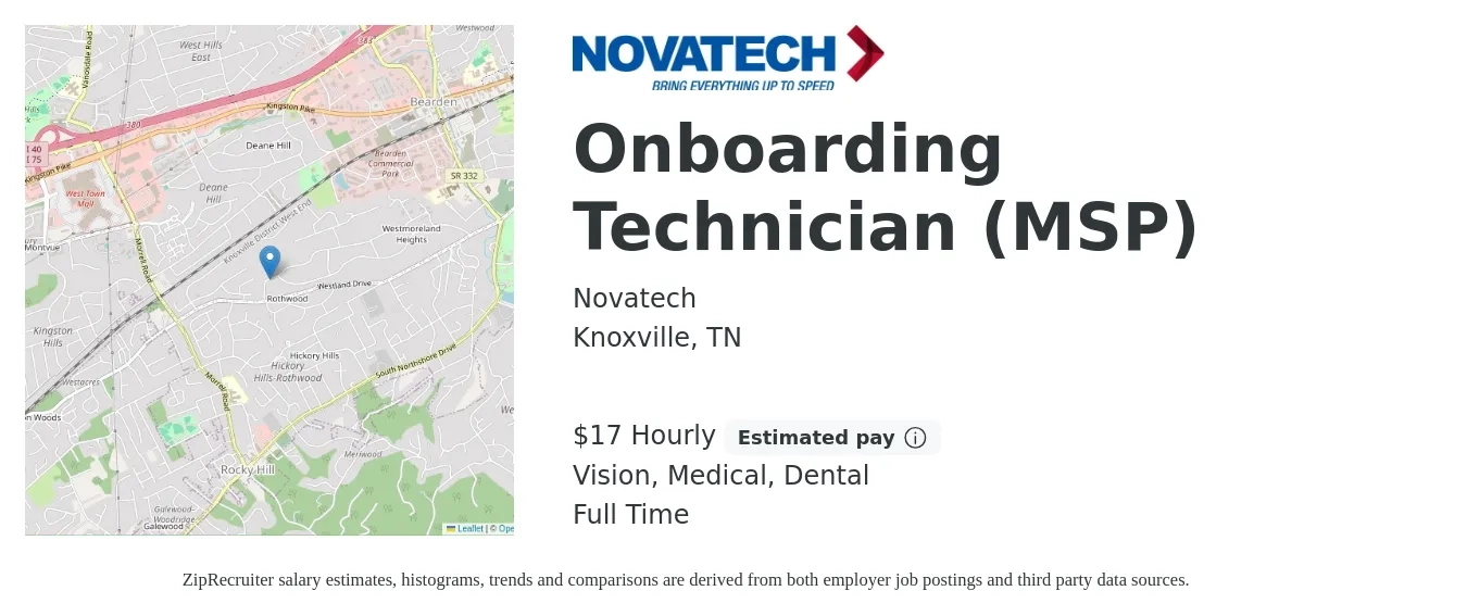 Novatech job posting for a Onboarding Technician (MSP) in Knoxville, TN with a salary of $18 Hourly and benefits including medical, retirement, vision, dental, and life_insurance with a map of Knoxville location.