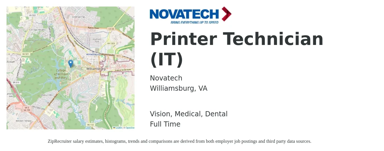 Novatech job posting for a Printer Technician (IT) in Williamsburg, VA with a salary of $20 to $28 Hourly and benefits including medical, retirement, vision, dental, and life_insurance with a map of Williamsburg location.