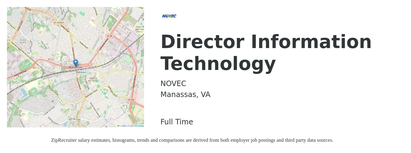 NOVEC job posting for a Director Information Technology in Manassas, VA with a salary of $100,300 to $147,100 Yearly with a map of Manassas location.