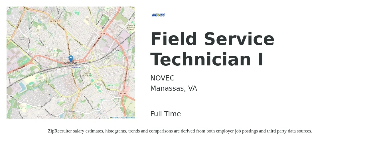NOVEC job posting for a Field Service Technician I in Manassas, VA with a salary of $19 to $28 Hourly with a map of Manassas location.