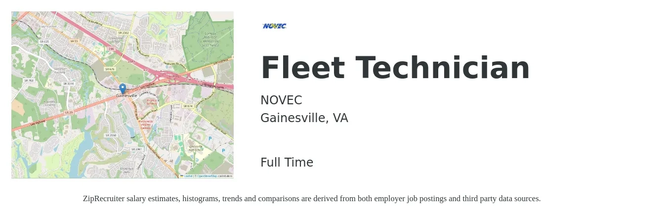 NOVEC job posting for a Fleet Technician in Gainesville, VA with a salary of $24 to $32 Hourly with a map of Gainesville location.