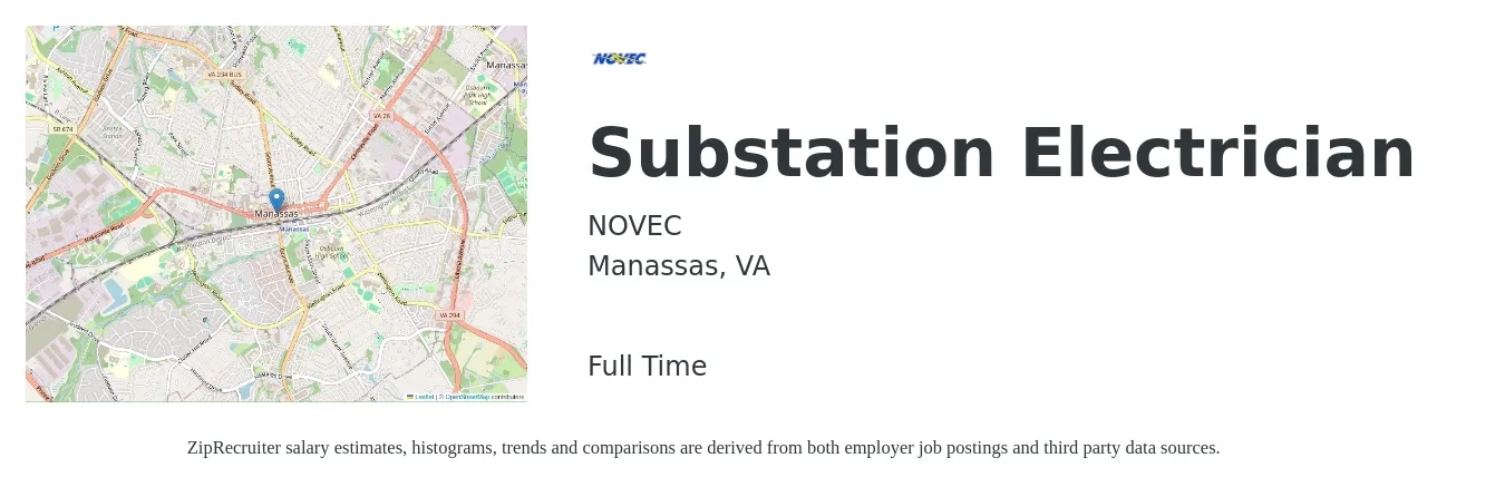 NOVEC job posting for a Substation Electrician in Manassas, VA with a salary of $71,200 to $121,800 Yearly with a map of Manassas location.