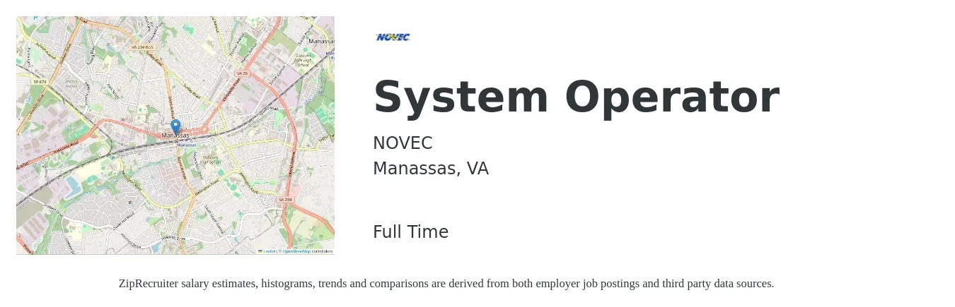 NOVEC job posting for a System Operator in Manassas, VA with a salary of $19 to $37 Hourly with a map of Manassas location.