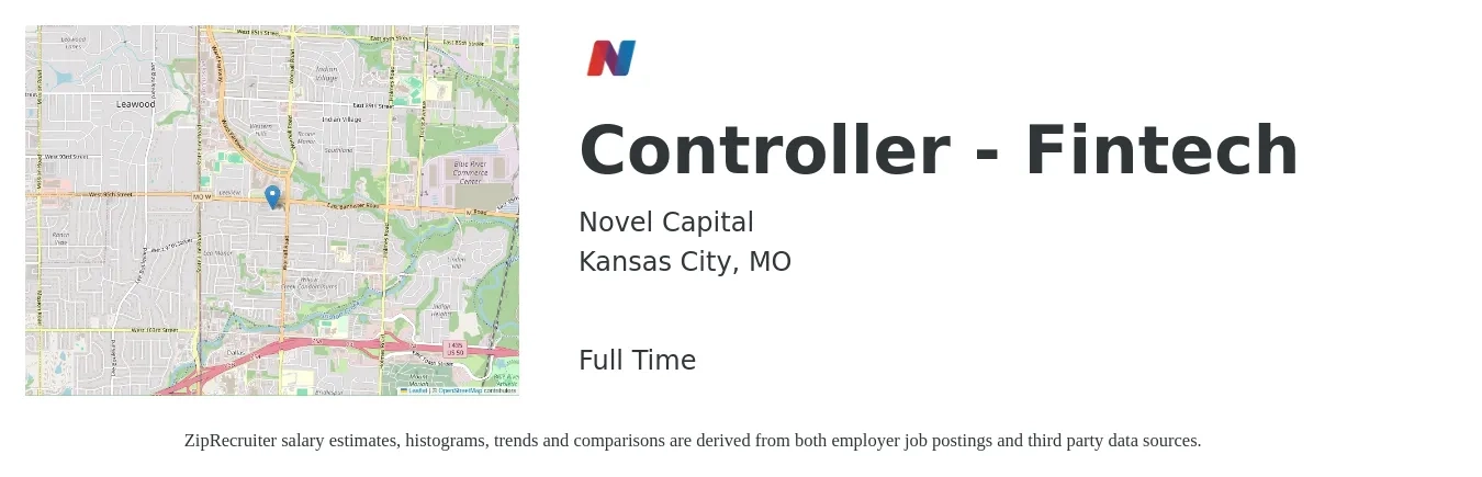 Novel Capital job posting for a Controller - Fintech in Kansas City, MO with a salary of $94,700 to $135,200 Yearly with a map of Kansas City location.