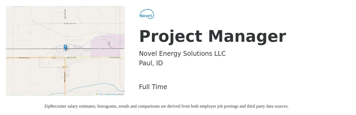Novel Energy Solutions LLC job posting for a Project Manager in Paul, ID with a salary of $71,900 to $112,600 Yearly with a map of Paul location.
