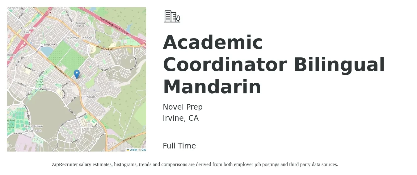 Novel Prep job posting for a Academic Coordinator Bilingual Mandarin in Irvine, CA with a salary of $4,000 to $6,000 Monthly with a map of Irvine location.