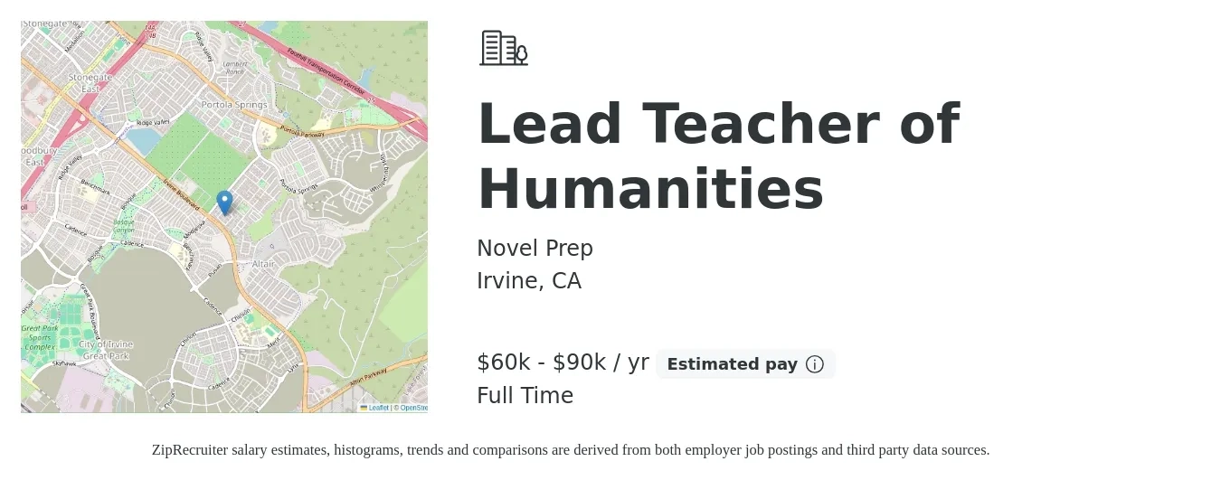 Novel Prep job posting for a Lead Teacher of Humanities in Irvine, CA with a salary of $60,000 to $90,000 Yearly with a map of Irvine location.