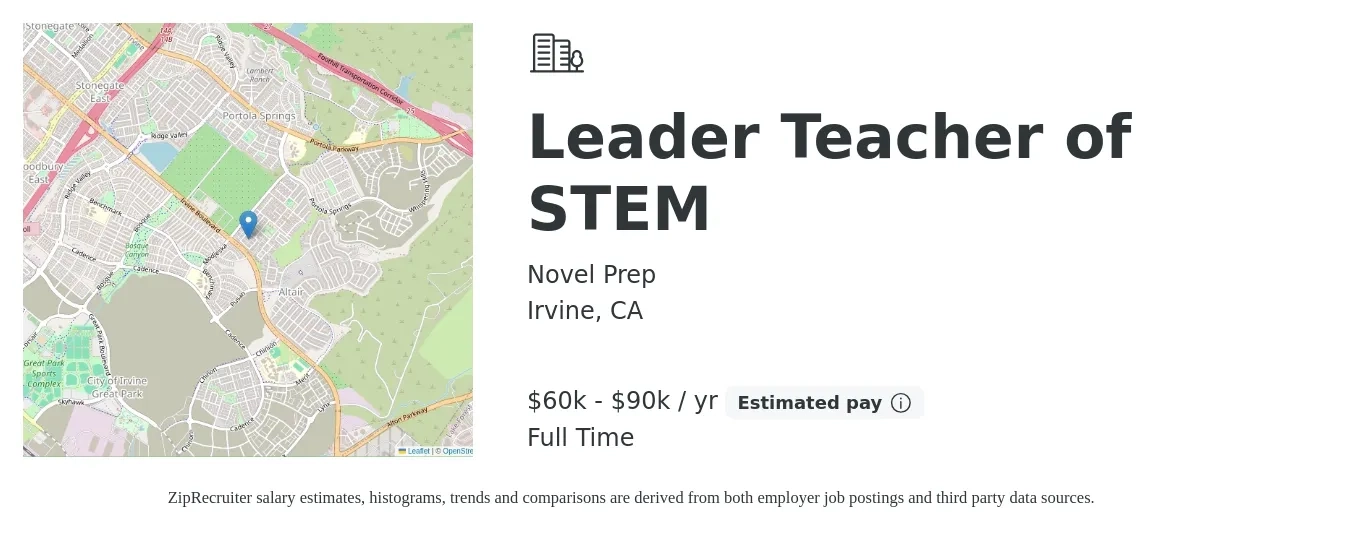 Novel Prep job posting for a Leader Teacher of STEM in Irvine, CA with a salary of $60,000 to $90,000 Yearly with a map of Irvine location.