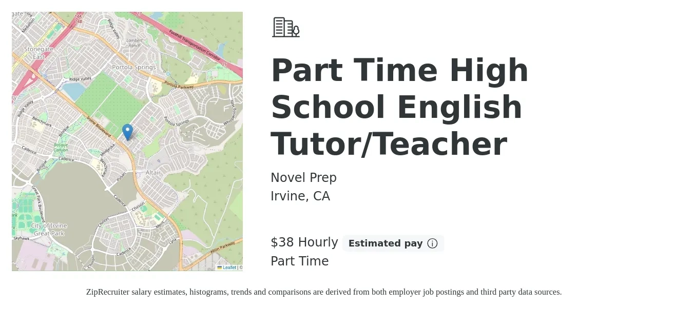 Novel Prep job posting for a Part Time High School English Tutor/Teacher in Irvine, CA with a salary of $40 Hourly with a map of Irvine location.