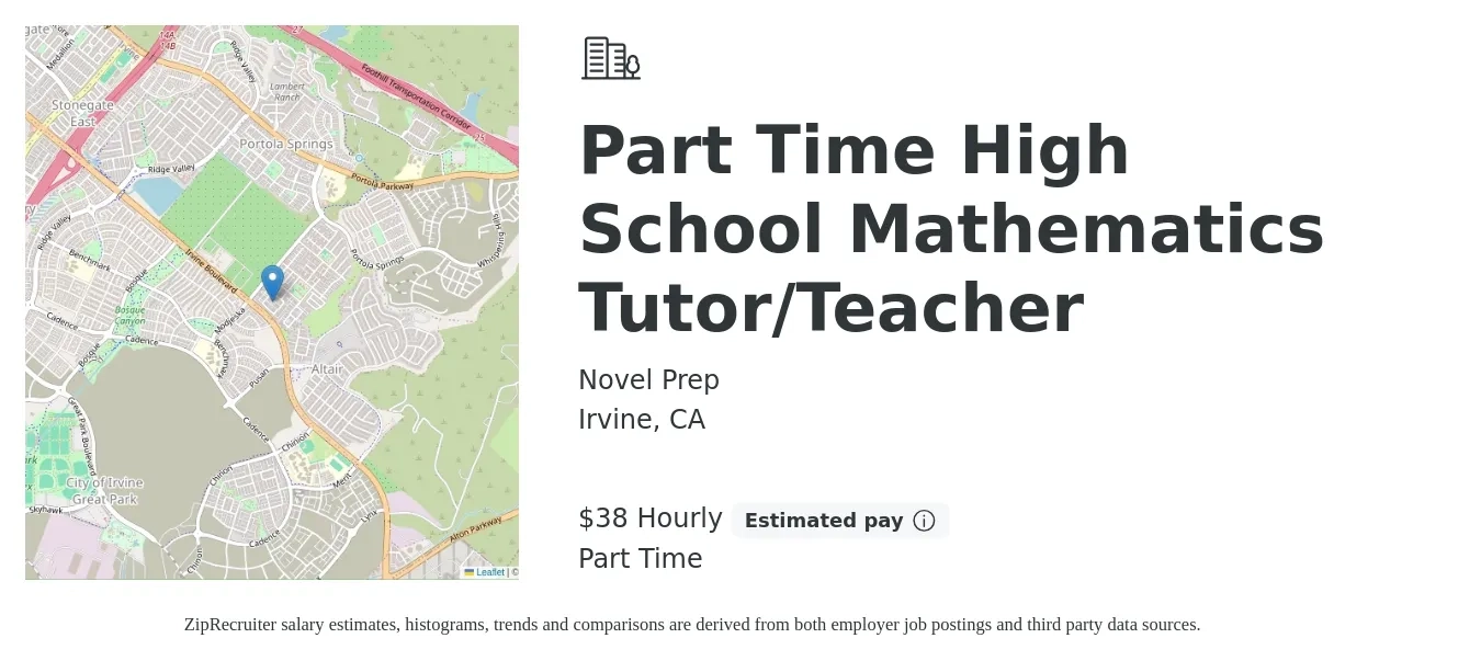 Novel Prep job posting for a Part Time High School Mathematics Tutor/Teacher in Irvine, CA with a salary of $40 Hourly with a map of Irvine location.
