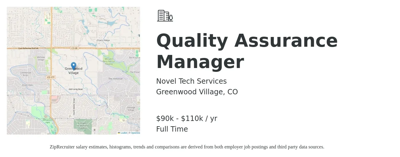 Novel Tech Services job posting for a Quality Assurance Manager in Greenwood Village, CO with a salary of $90,000 to $110,000 Yearly with a map of Greenwood Village location.
