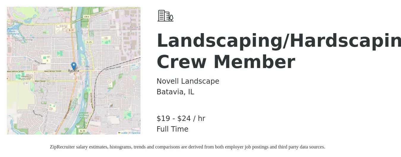 Novell Landscape job posting for a Landscaping/Hardscaping Crew Member in Batavia, IL with a salary of $20 to $25 Hourly with a map of Batavia location.