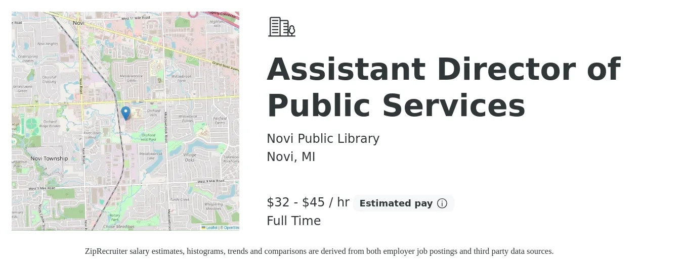 Novi Public Library job posting for a Assistant Director of Public Services in Novi, MI with a salary of $70,283 to $98,404 Yearly with a map of Novi location.