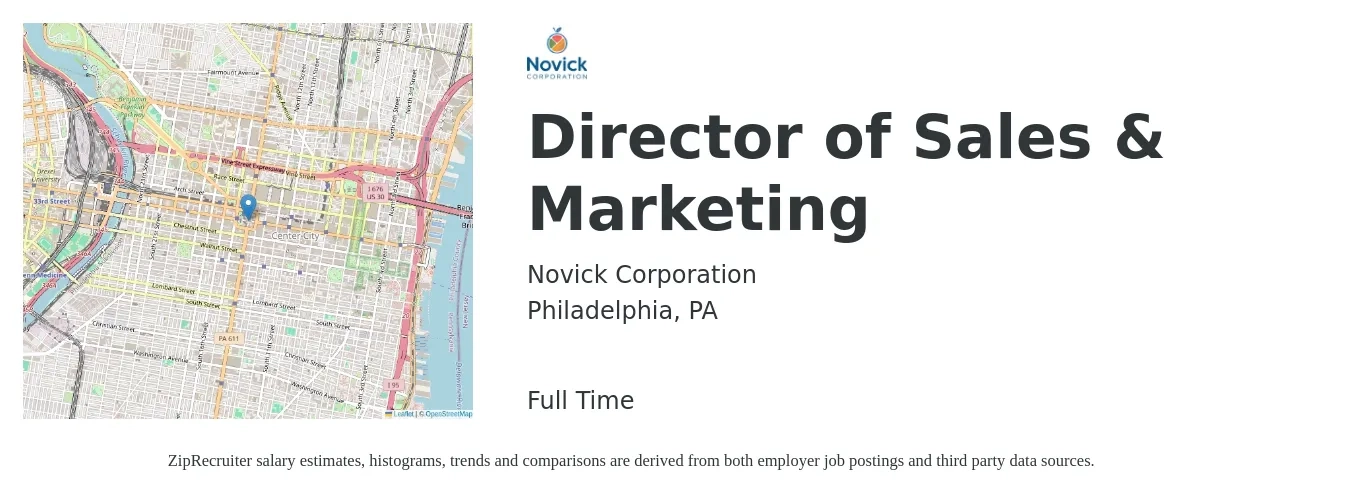 Novick Corporation job posting for a Director of Sales & Marketing in Philadelphia, PA with a salary of $60,700 to $109,400 Yearly with a map of Philadelphia location.