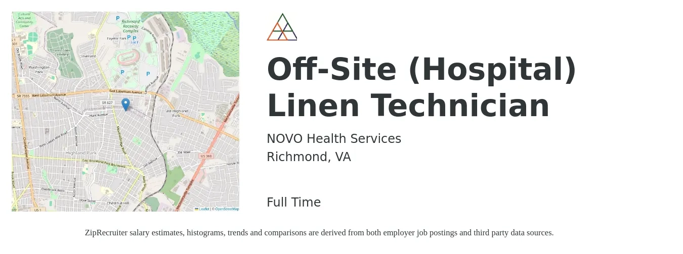 NOVO Health Services job posting for a Off-Site (Hospital) Linen Technician in Richmond, VA with a salary of $20 to $28 Hourly with a map of Richmond location.