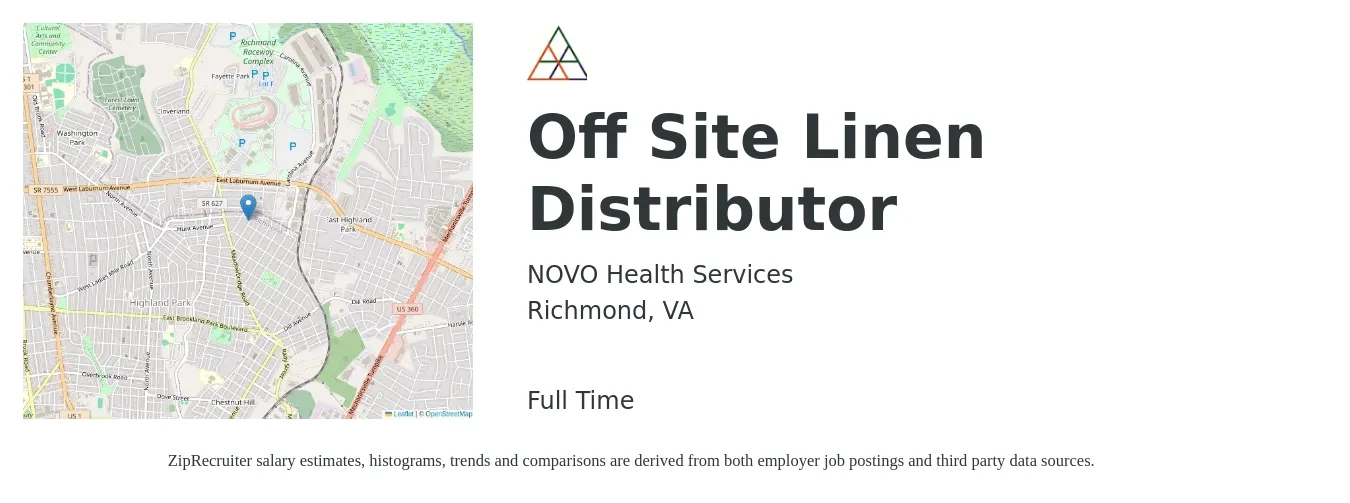 NOVO Health Services job posting for a Off Site Linen Distributor in Richmond, VA with a salary of $49,600 to $120,000 Yearly with a map of Richmond location.