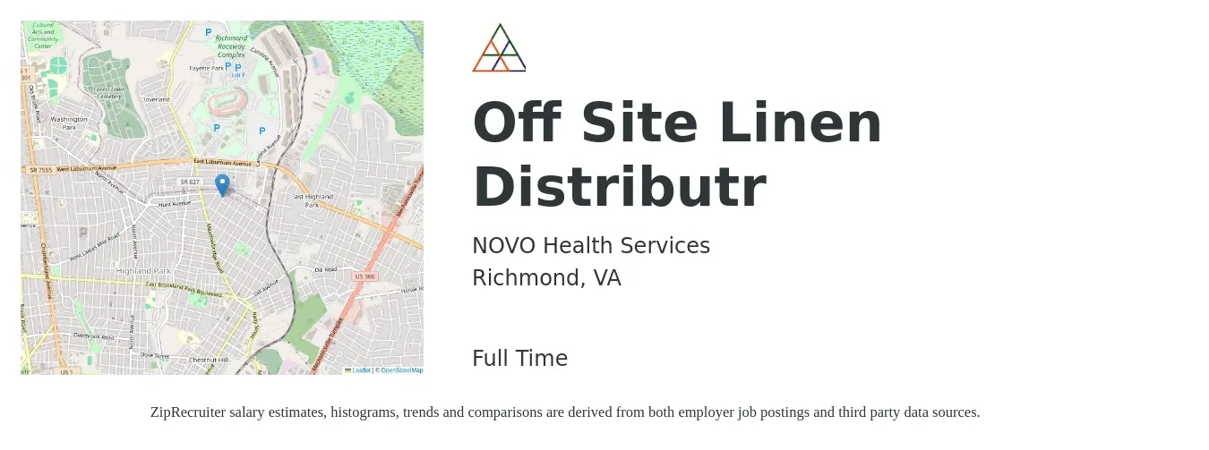 NOVO Health Services job posting for a Off Site Linen Distributr in Richmond, VA with a salary of $20 to $28 Hourly with a map of Richmond location.