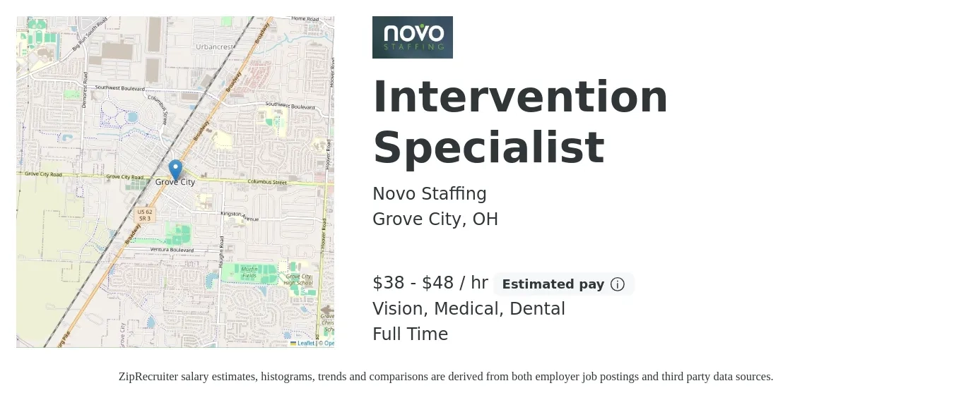 Novo Staffing job posting for a Intervention Specialist in Grove City, OH with a salary of $40 to $50 Hourly and benefits including vision, dental, medical, pto, and retirement with a map of Grove City location.