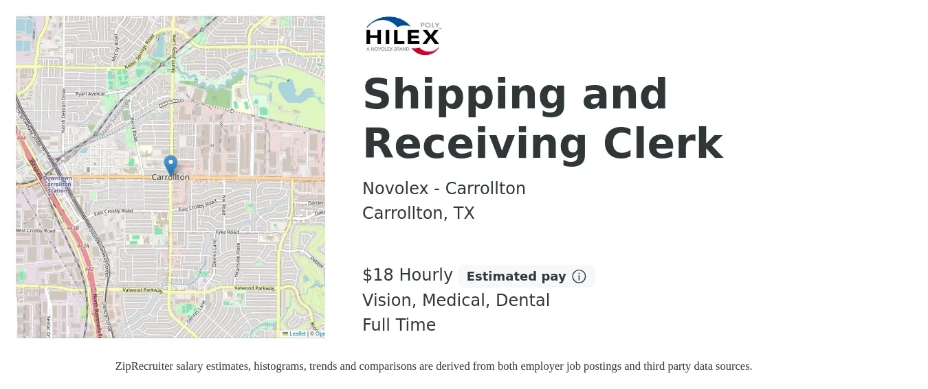Novolex - Carrollton job posting for a Shipping and Receiving Clerk in Carrollton, TX with a salary of $19 Hourly and benefits including life_insurance, medical, pto, retirement, vision, and dental with a map of Carrollton location.
