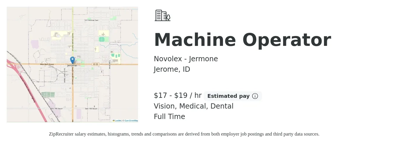 Novolex - Jermone job posting for a Machine Operator in Jerome, ID with a salary of $18 to $20 Hourly and benefits including medical, retirement, vision, dental, and life_insurance with a map of Jerome location.