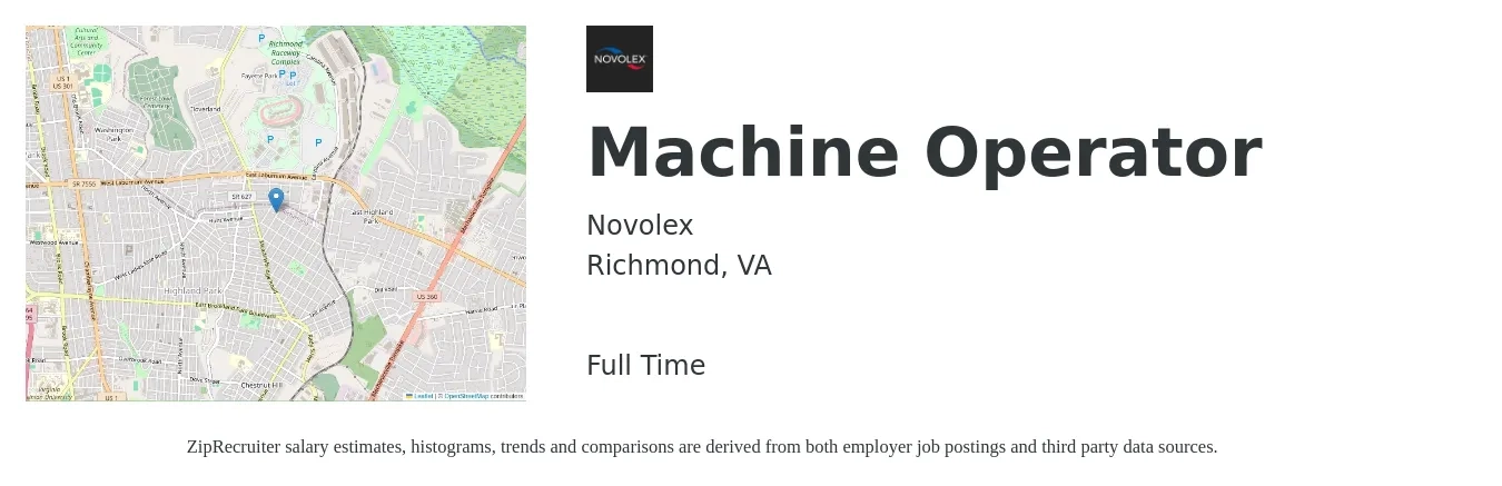 Novolex job posting for a Machine Operator in Richmond, VA with a salary of $18 to $20 Hourly with a map of Richmond location.
