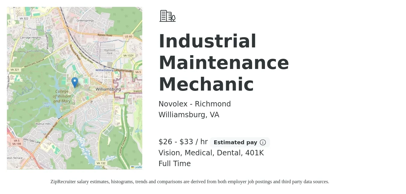 Novolex - Richmond job posting for a Industrial Maintenance Mechanic in Williamsburg, VA with a salary of $28 to $35 Hourly and benefits including 401k, dental, life_insurance, medical, and vision with a map of Williamsburg location.