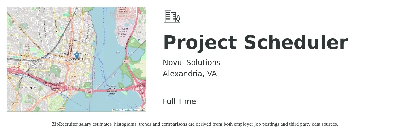 Novul Solutions job posting for a Project Scheduler in Alexandria, VA with a salary of $98,700 to $144,700 Yearly with a map of Alexandria location.