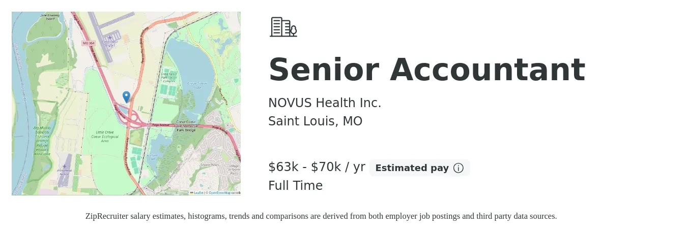 NOVUS Health Inc. job posting for a Senior Accountant in Saint Louis, MO with a salary of $63,000 to $70,000 Yearly with a map of Saint Louis location.