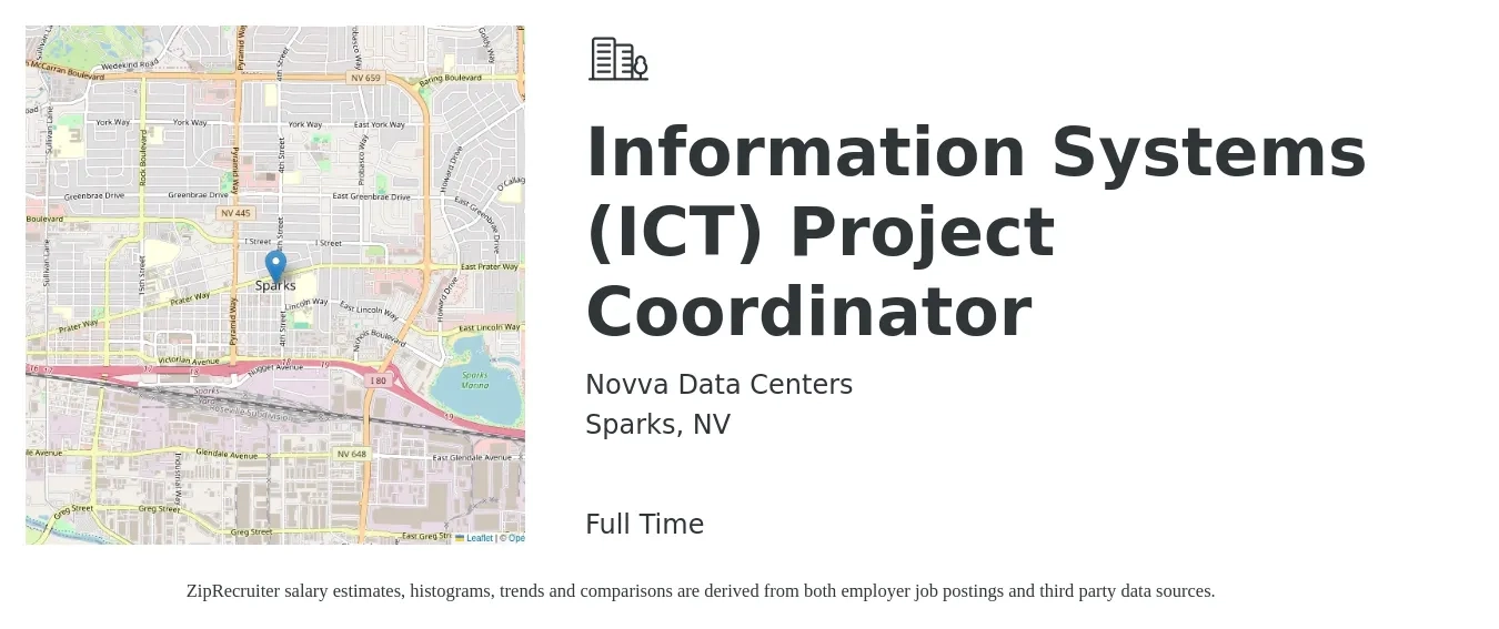 Novva Data Centers job posting for a Information Systems (ICT) Project Coordinator in Sparks, NV with a salary of $29 to $46 Hourly with a map of Sparks location.