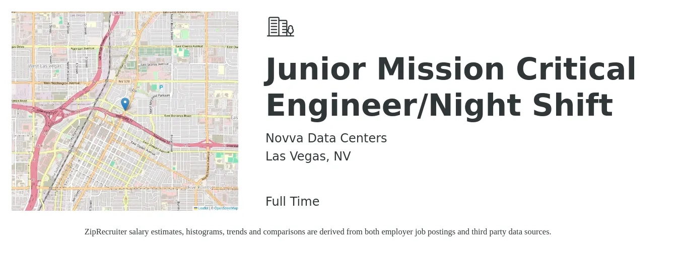 Novva Data Centers job posting for a Junior Mission Critical Engineer/Night Shift in Las Vegas, NV with a salary of $20 to $25 Hourly with a map of Las Vegas location.