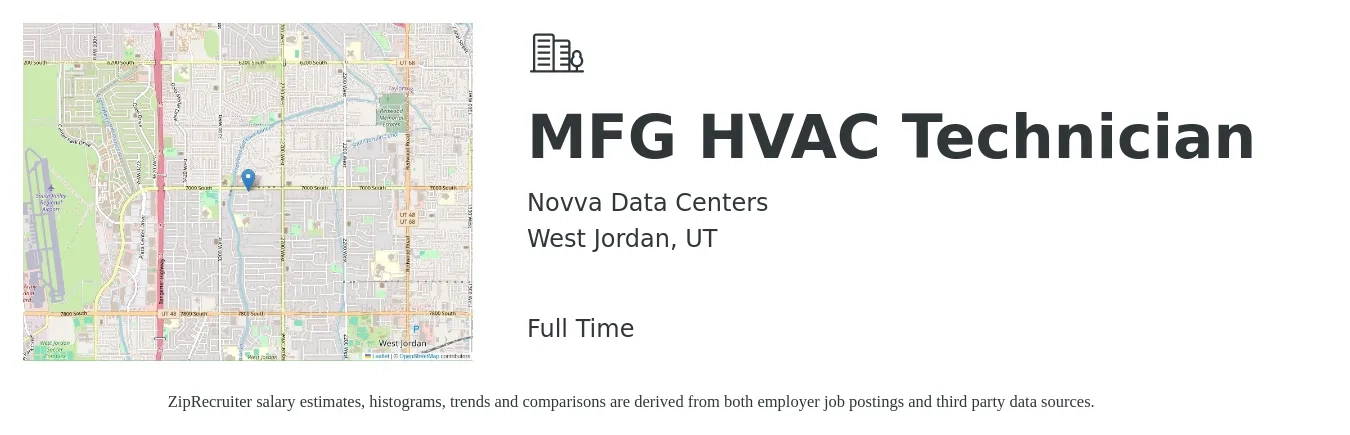 Novva Data Centers job posting for a MFG HVAC Technician in West Jordan, UT with a salary of $22 to $31 Hourly with a map of West Jordan location.