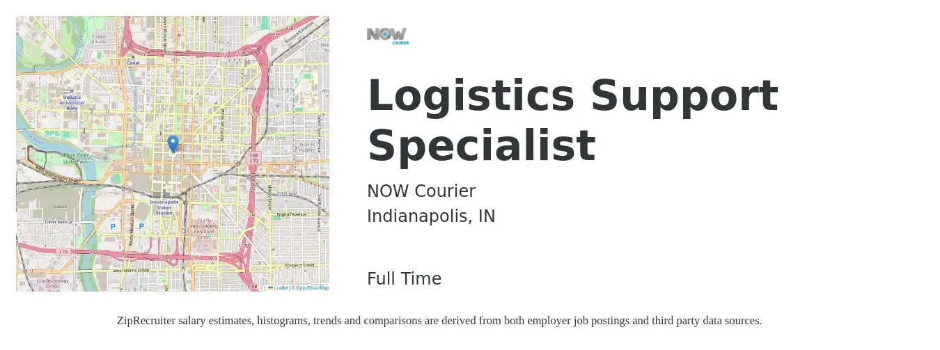 NOW Courier job posting for a Logistics Support Specialist in Indianapolis, IN with a salary of $38,200 to $66,000 Yearly with a map of Indianapolis location.