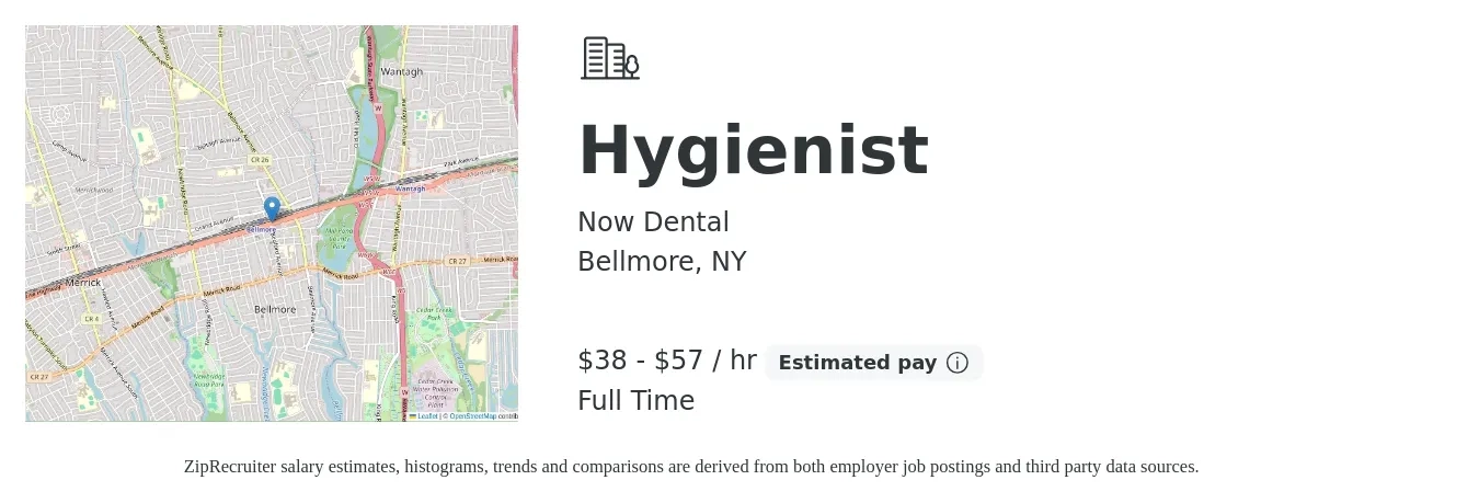 Now Dental job posting for a Hygienist in Bellmore, NY with a salary of $40 to $60 Hourly with a map of Bellmore location.