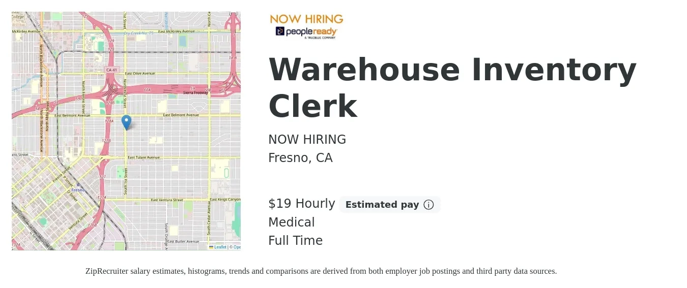 NOW HIRING job posting for a Warehouse Inventory Clerk in Fresno, CA with a salary of $20 Hourly and benefits including medical with a map of Fresno location.