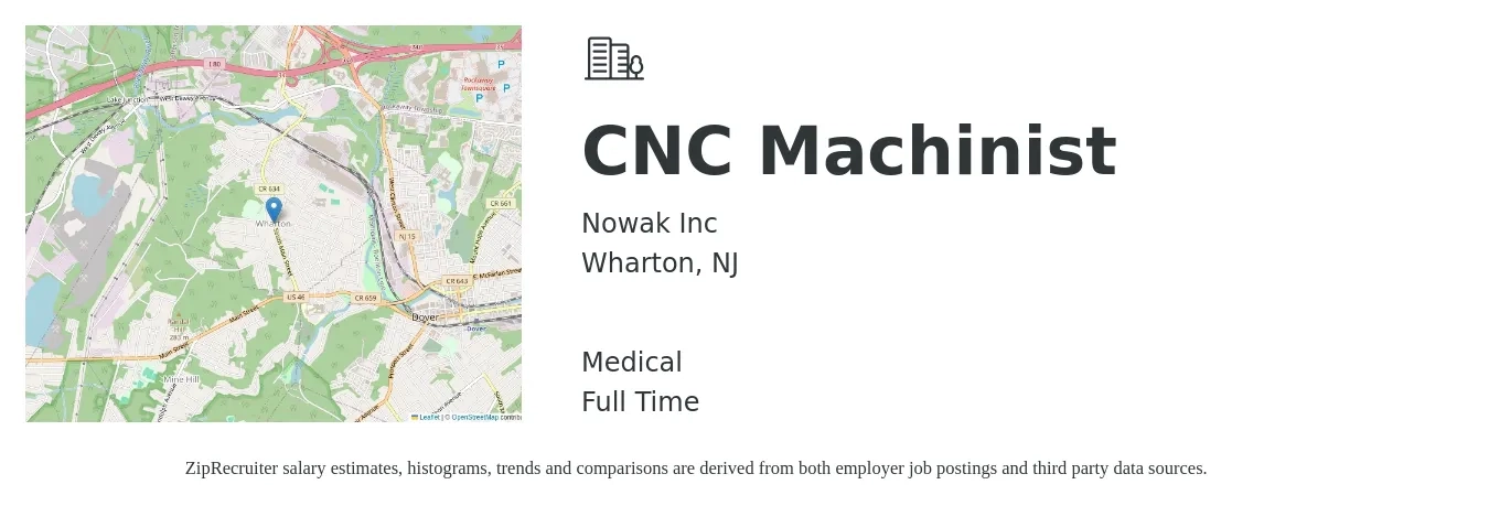 Nowak Inc job posting for a CNC Machinist in Wharton, NJ with a salary of $21 to $29 Hourly and benefits including medical with a map of Wharton location.