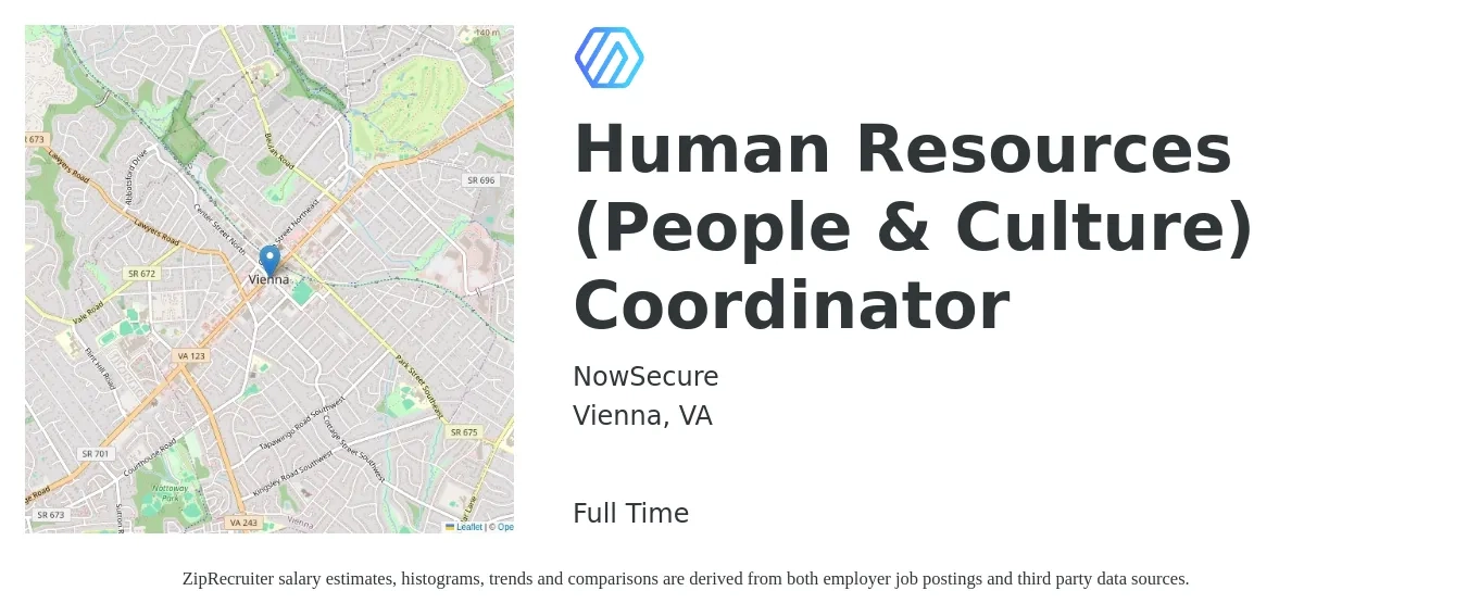 NowSecure job posting for a Human Resources (People & Culture) Coordinator in Vienna, VA with a salary of $21 to $28 Hourly with a map of Vienna location.