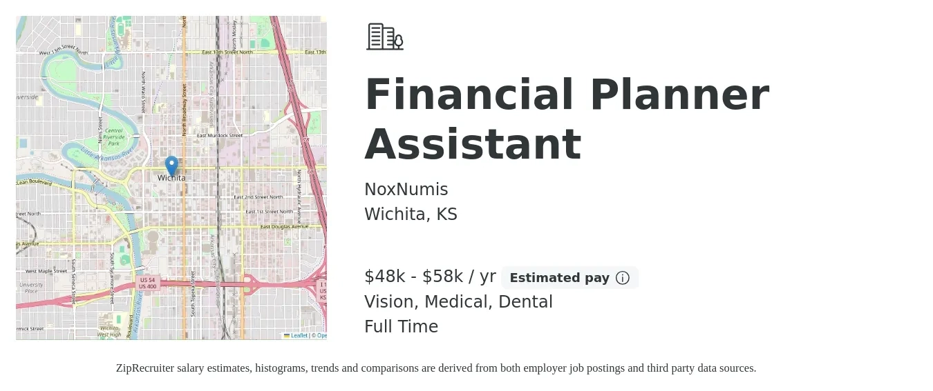 NoxNumis job posting for a Financial Planner Assistant in Wichita, KS with a salary of $48,000 to $58,000 Yearly and benefits including life_insurance, medical, pto, retirement, vision, and dental with a map of Wichita location.