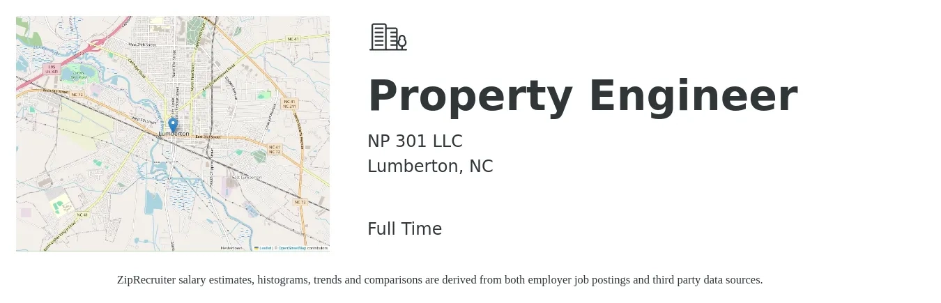 NP 301 LLC job posting for a Property Engineer in Lumberton, NC with a salary of $74,900 to $103,800 Yearly with a map of Lumberton location.