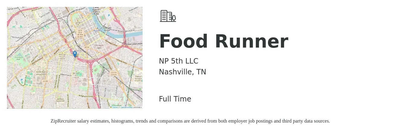 NP 5th LLC job posting for a Food Runner in Nashville, TN with a salary of $11 to $16 Hourly with a map of Nashville location.