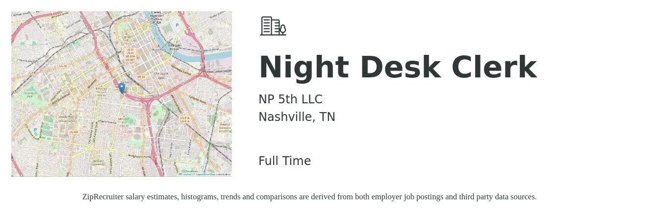 NP 5th LLC job posting for a Night Desk Clerk in Nashville, TN with a salary of $14 to $17 Hourly with a map of Nashville location.