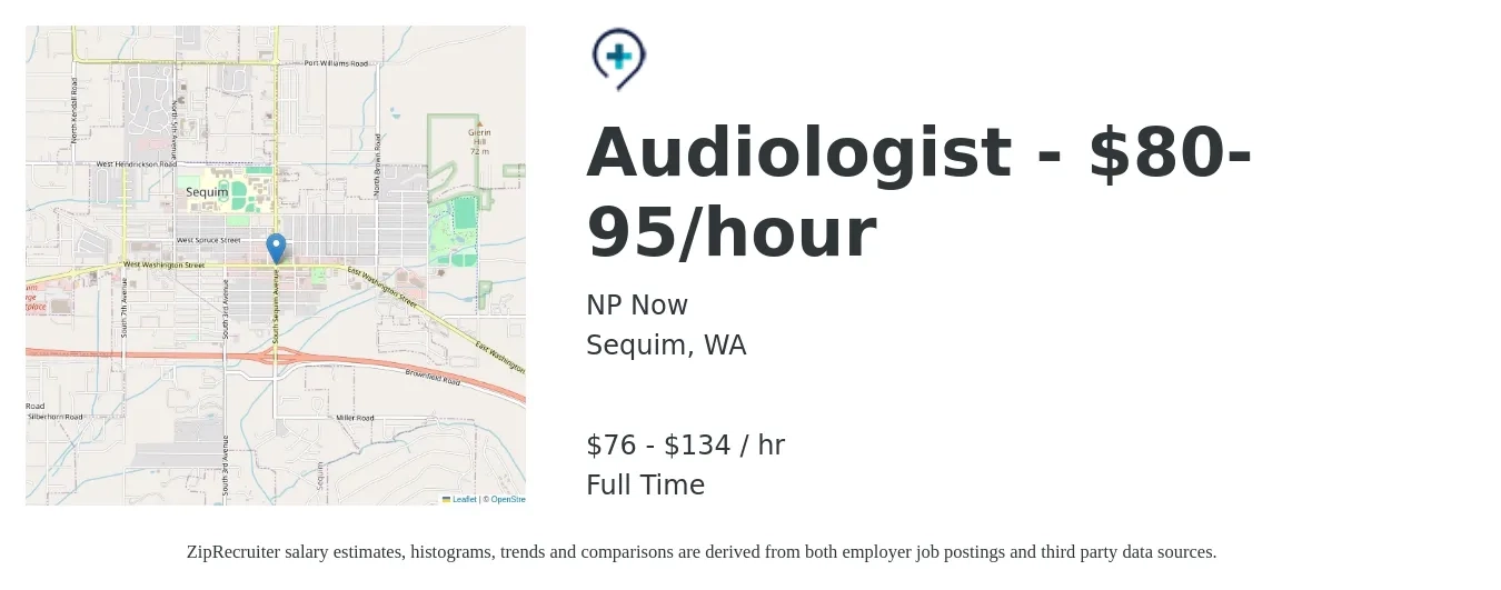 NP Now job posting for a Audiologist - $80-95/hour in Sequim, WA with a salary of $80 to $140 Hourly with a map of Sequim location.