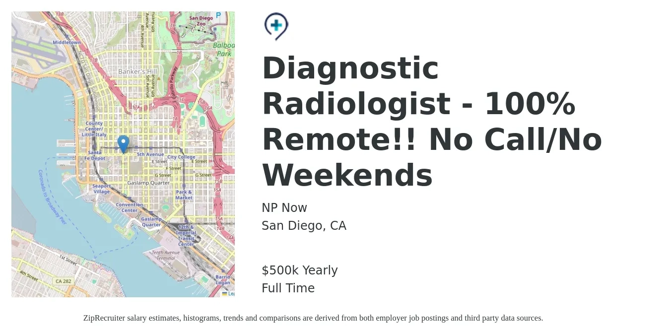 NP Now job posting for a Diagnostic Radiologist - 100% Remote!! No Call/No Weekends in San Diego, CA with a salary of $500,000 Yearly with a map of San Diego location.
