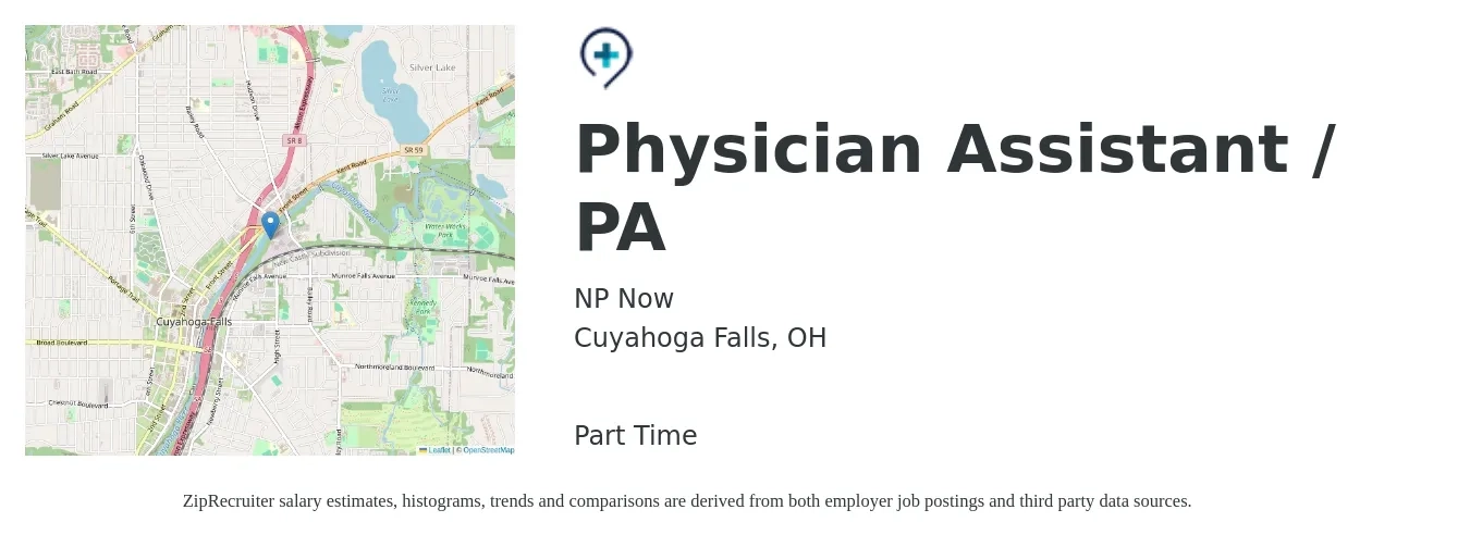 NP Now job posting for a Physician Assistant / PA in Cuyahoga Falls, OH with a salary of $89,200 to $120,900 Yearly with a map of Cuyahoga Falls location.