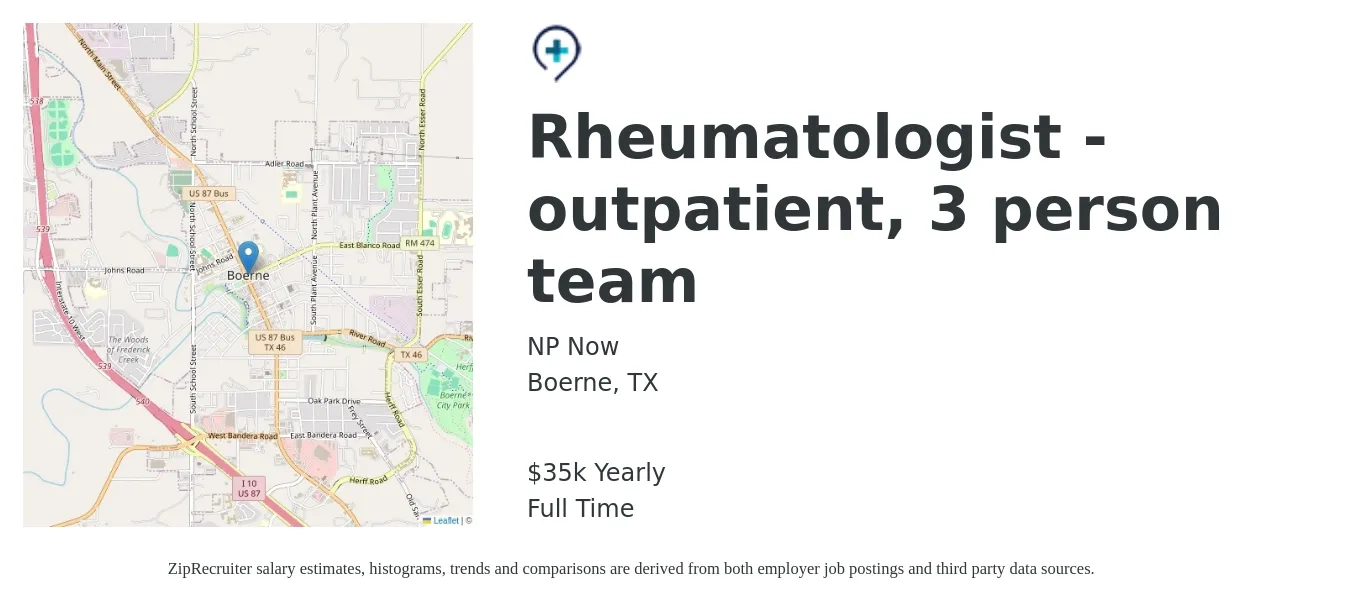 NP Now job posting for a Rheumatologist - outpatient, 3 person team in Boerne, TX with a salary of $35,000 Yearly with a map of Boerne location.