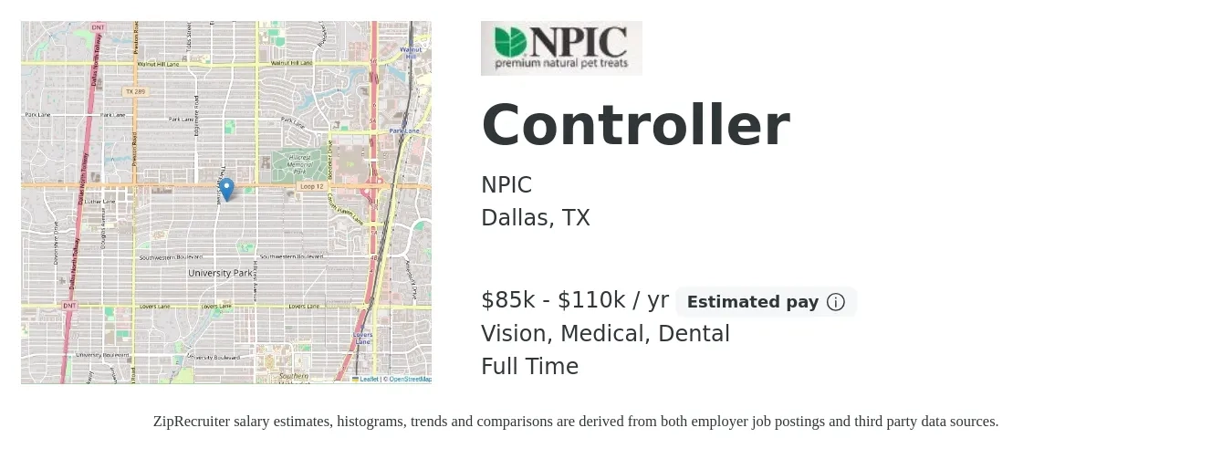 NPIC job posting for a Controller in Dallas, TX with a salary of $85,000 to $110,000 Yearly and benefits including dental, life_insurance, medical, pto, retirement, and vision with a map of Dallas location.