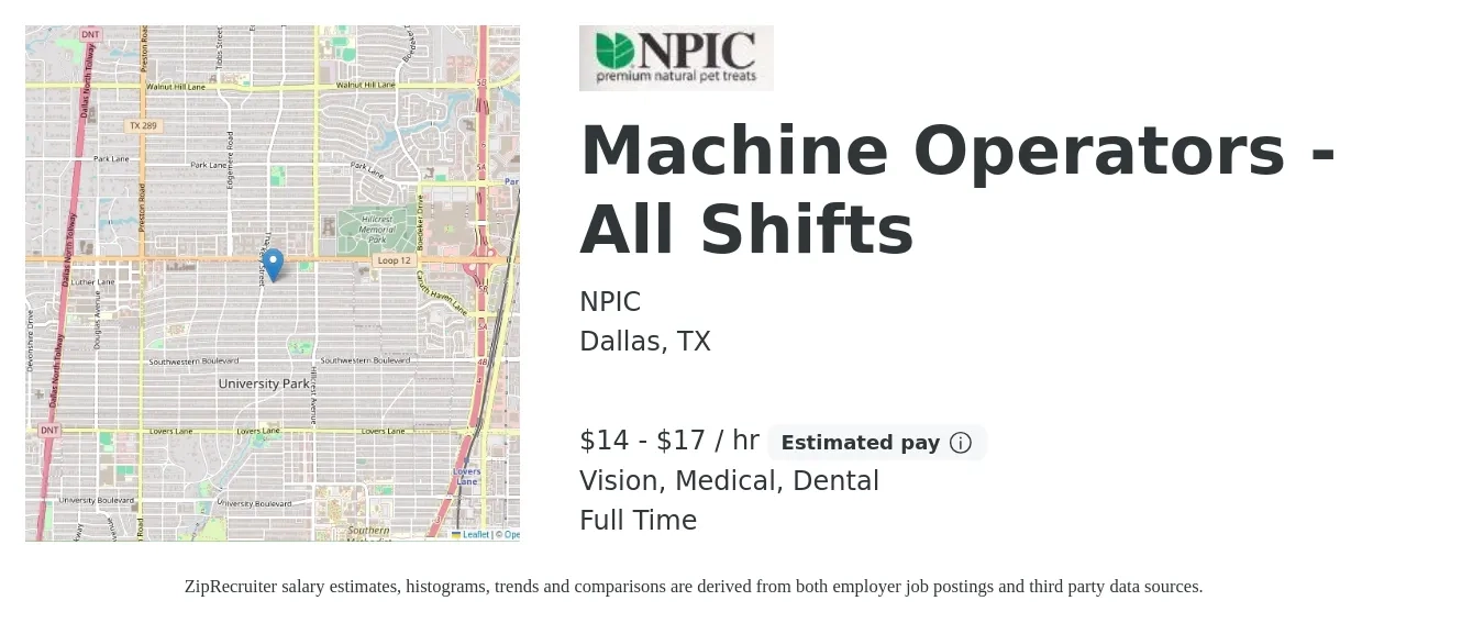 NPIC job posting for a Machine Operators - All Shifts in Dallas, TX with a salary of $15 to $18 Hourly and benefits including retirement, vision, dental, life_insurance, and medical with a map of Dallas location.