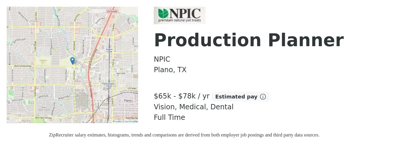 NPIC job posting for a Production Planner in Plano, TX with a salary of $65,000 to $78,000 Yearly and benefits including retirement, vision, dental, life_insurance, medical, and pto with a map of Plano location.