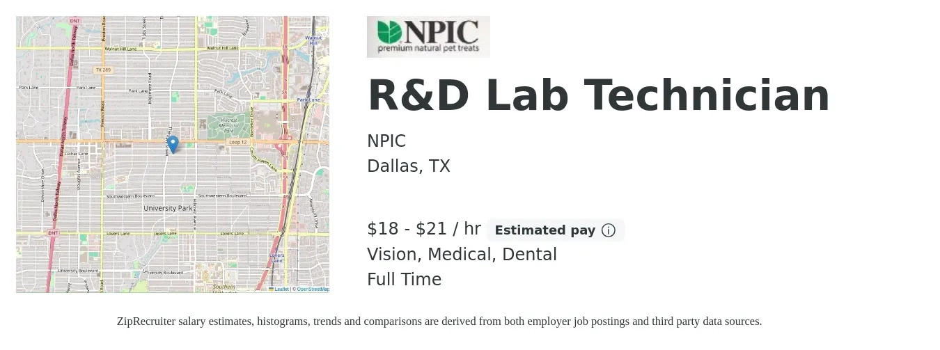 NPIC job posting for a R&D Lab Technician in Dallas, TX with a salary of $19 to $22 Hourly and benefits including life_insurance, medical, retirement, vision, and dental with a map of Dallas location.