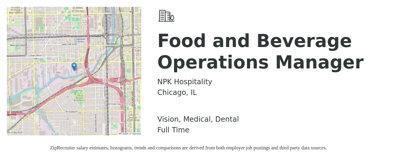 NPK Hospitality job posting for a Food and Beverage Operations Manager in Chicago, IL with a salary of $54,100 to $68,500 Yearly and benefits including medical, vision, and dental with a map of Chicago location.
