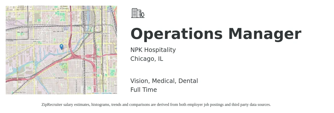 NPK Hospitality job posting for a Operations Manager in Chicago, IL with a salary of $42,200 to $79,800 Yearly and benefits including dental, medical, pto, and vision with a map of Chicago location.